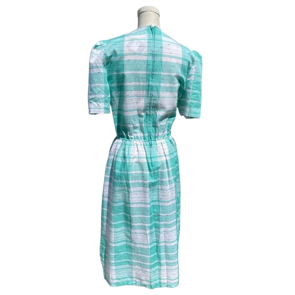 Vintage 80s Jackie Taub Aqua White Plaid Asymmetric Aline Day Dress Size 12 - Picture 5 of 6